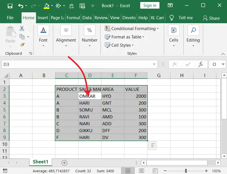 All data selection in Excel