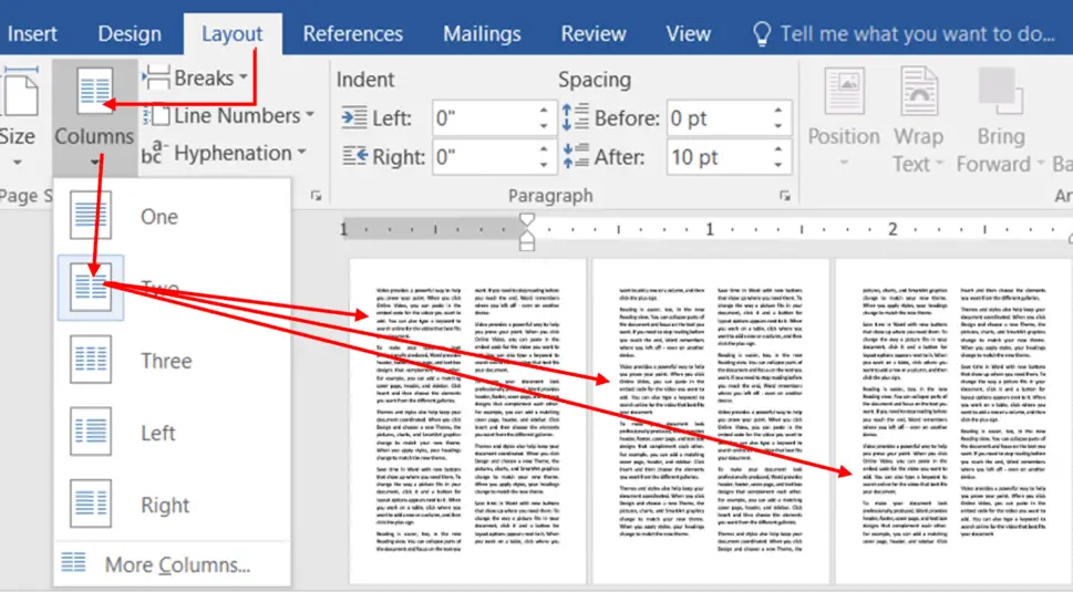 Columns in Page setup in ms word