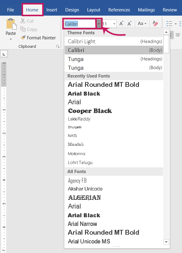 Choose various fonts in font group