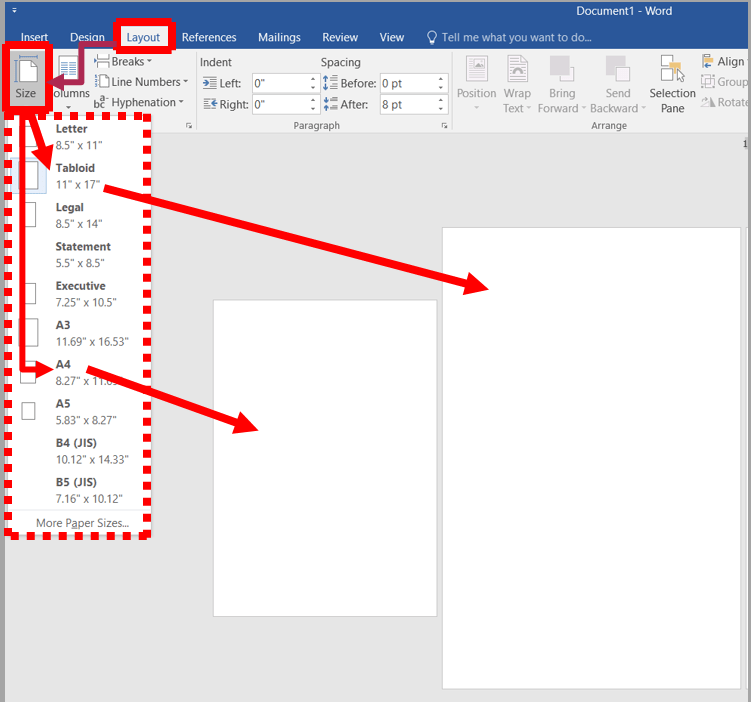 changing paper sizes in MS Word