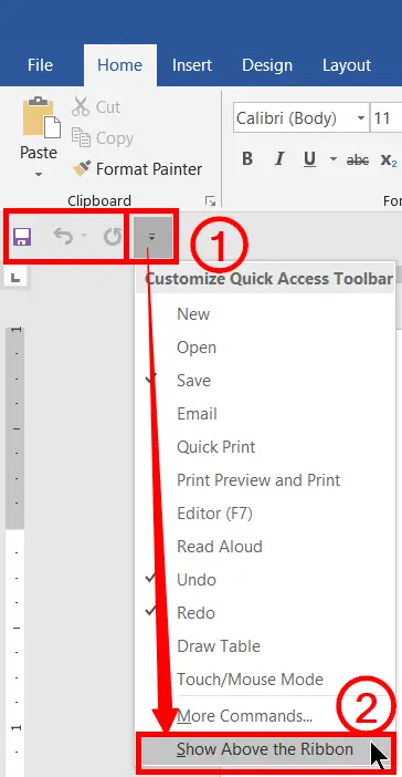 Show the quick access toolbar above the ribbon