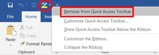 Remove from quick access toolbar