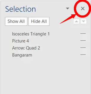 Closing button of the selection pane
