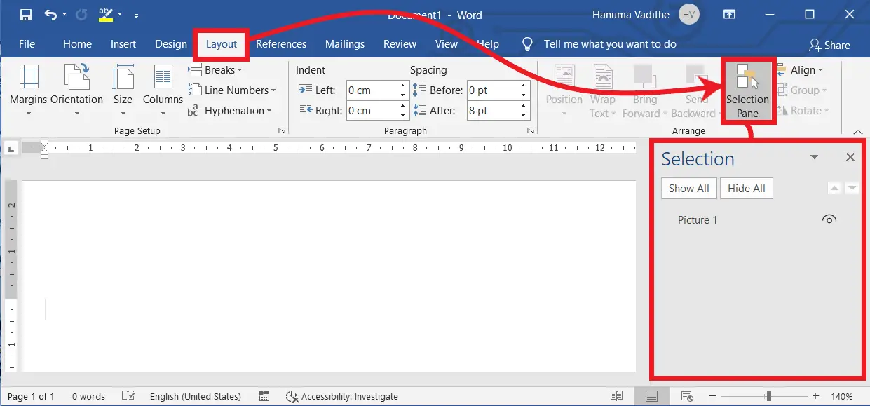 Launching Selection Pane in MS Word