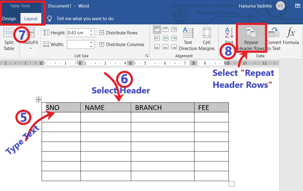 TABLE TOOLS LAYOUT TAB FOR REPEAT HEADER ROWS