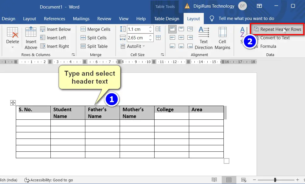 Type and select header text, and then select repeat header rows