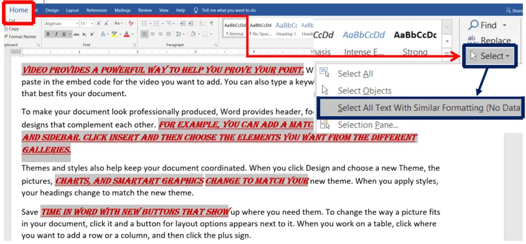 Selecting all text with similar formatting in ms-word