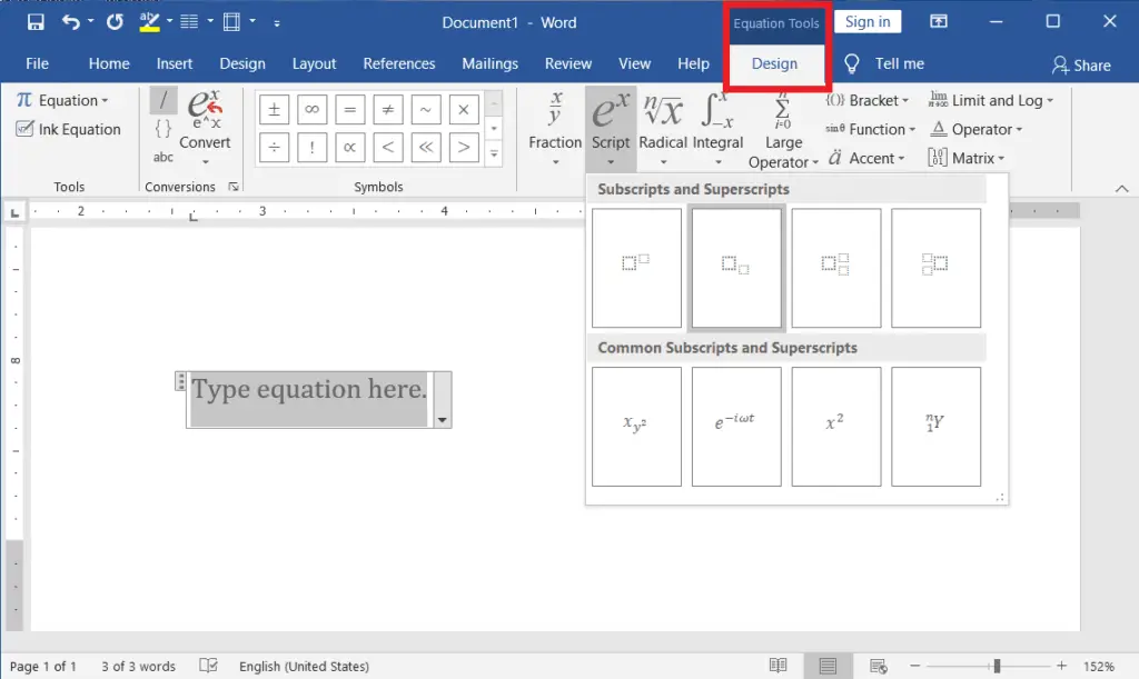 Subscript and Superscript using Equations in MS Word