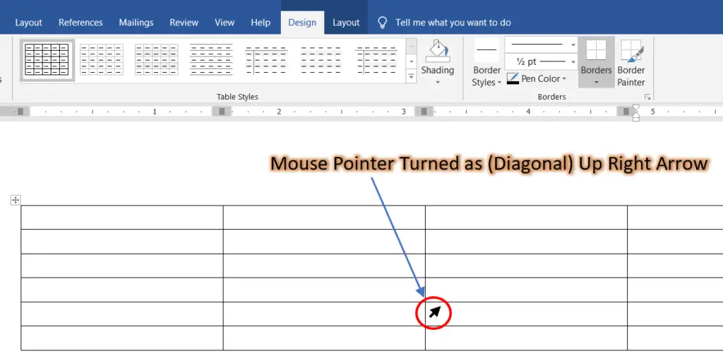 selecting table when mouse turns as diagonal up right arrow