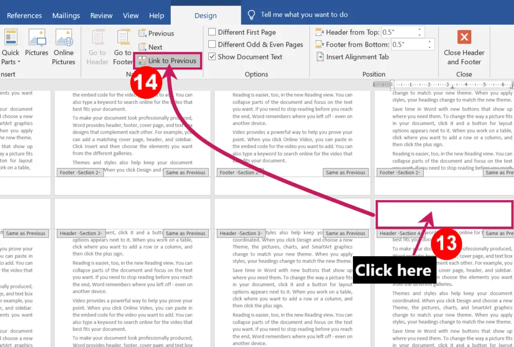 Clicking Link to Remove Previous section break | Different Headers and Footers for Different Pages in MS-Word