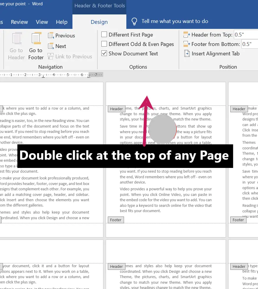 Double click at the top of any page for different headers and footers for different pages