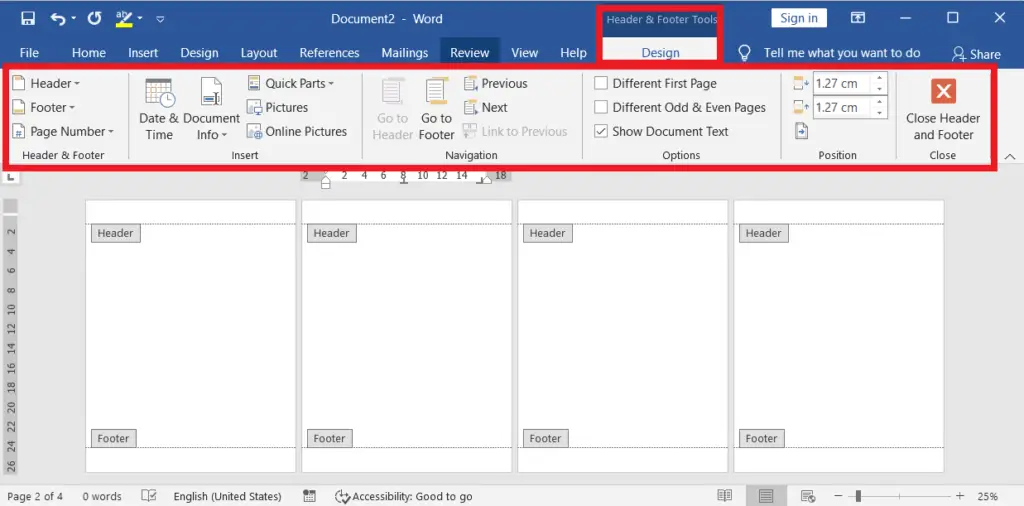 Header and Footer Tools Design Tab in MS-Word