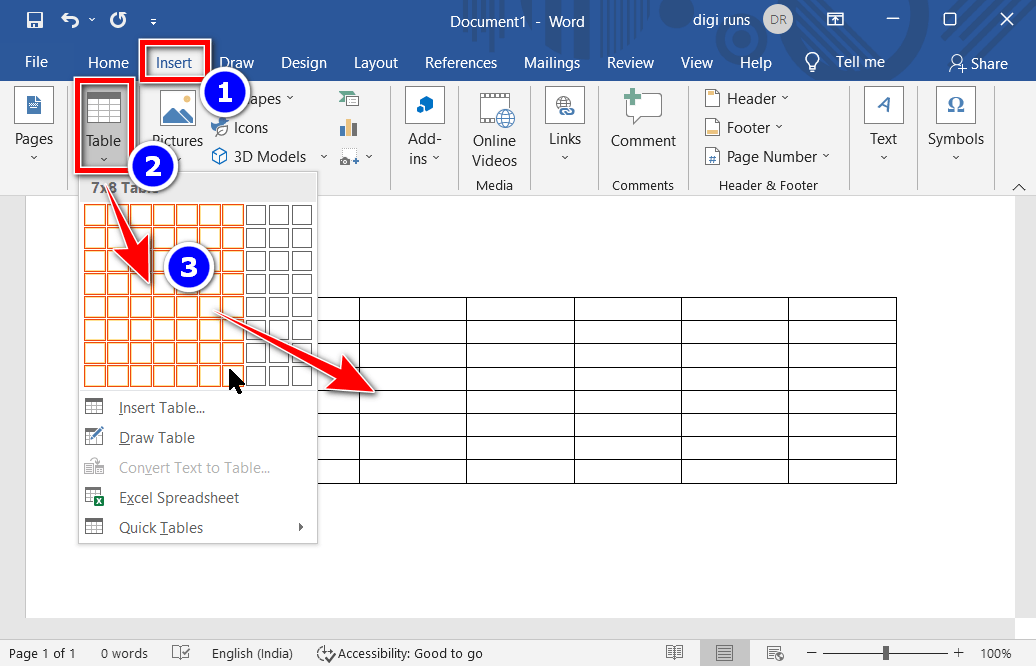 Insert a table with enough rows and columns using one of the table options.