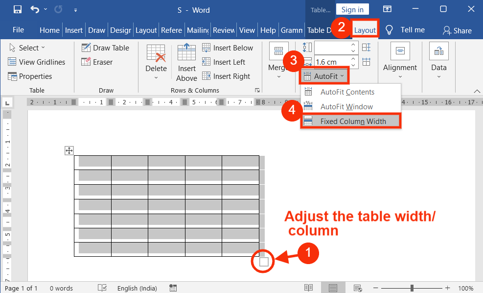 Resize the table width you want and select fixed column width