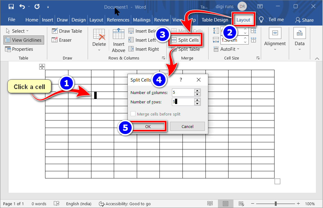 Split cells in a table in Word