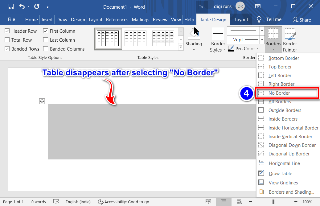 The area where the table disappears after selecting No Border