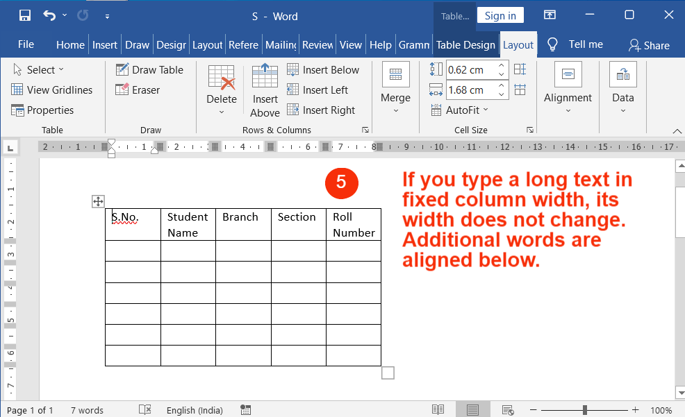 Type something the text you want in the fixed column width of a table