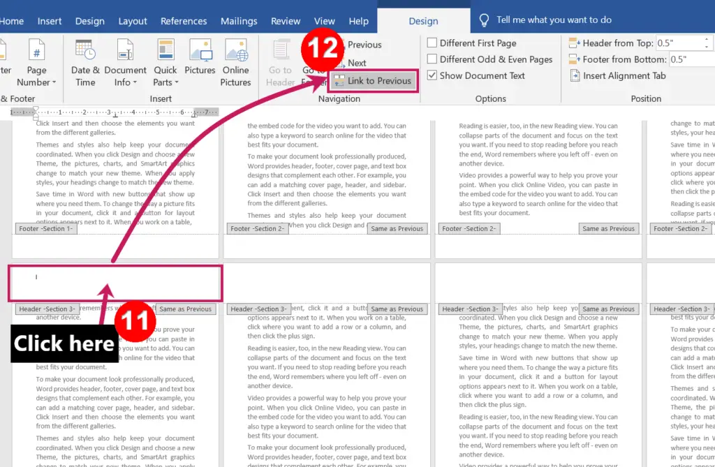 removing previous section in ms word | Different Headers and Footers for Different Pages in MS-Word