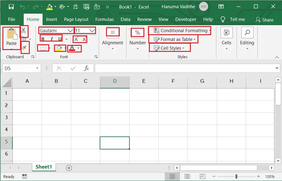 Commands in Microsoft MS Excel