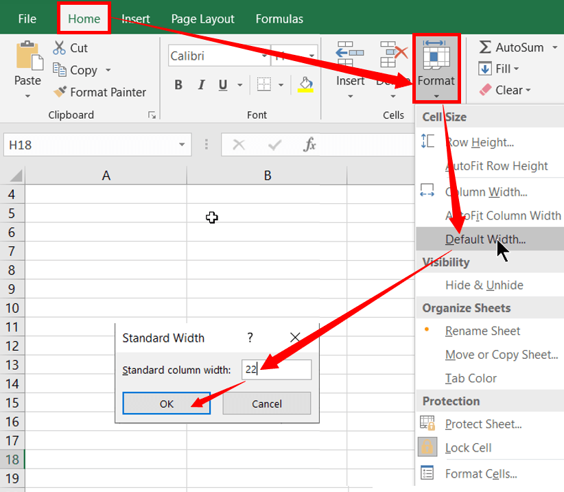 Set the default width of the columns in excel