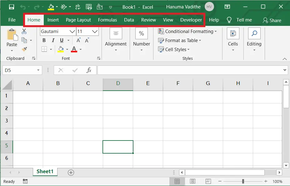 Tabs in Introduction to ms excel & user interface to MS Excel