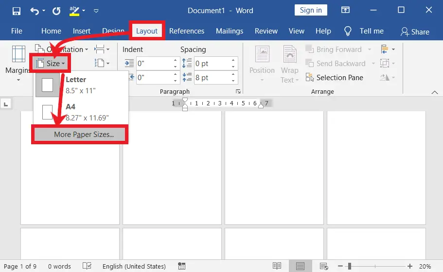 change different page sizes in ms word