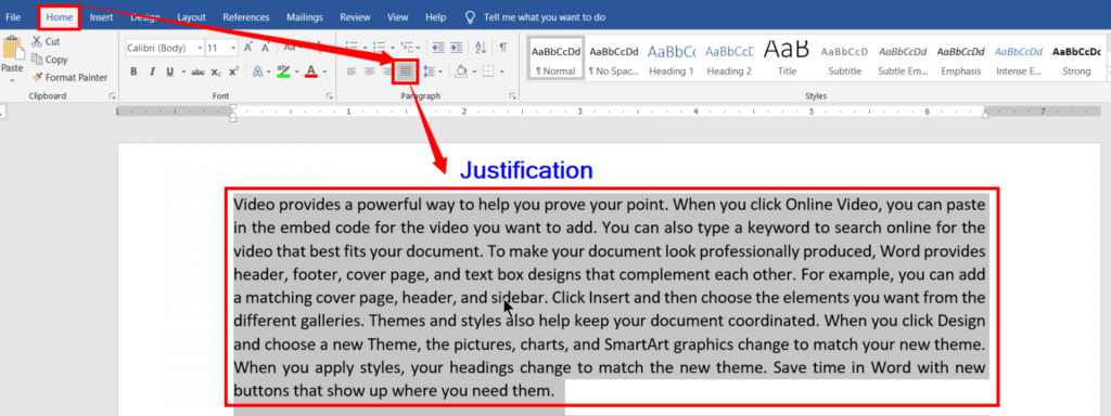 Justification in ms word