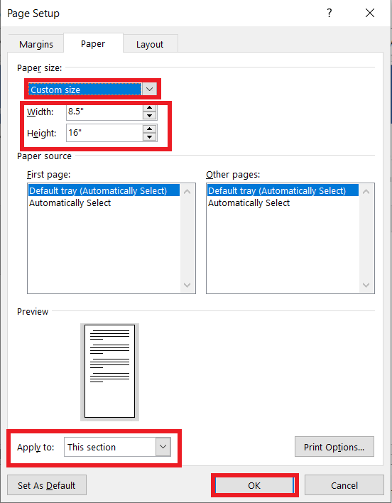 Page Setup in ms word