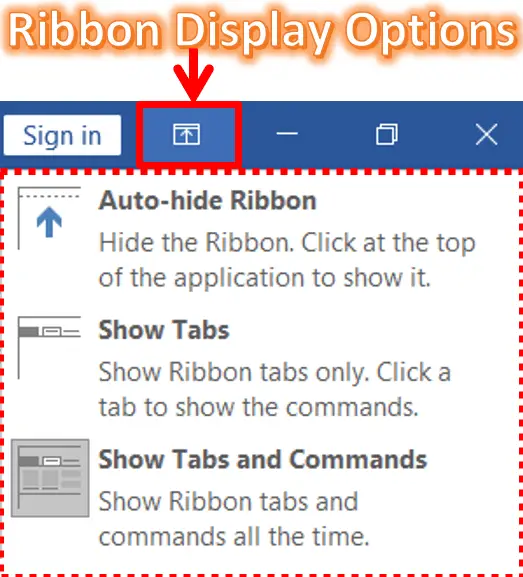 Ribbon Display Options in MS-Word 2019, 2016, and 2013