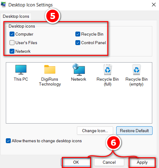 Check or uncheck the desktop icons to add or remove