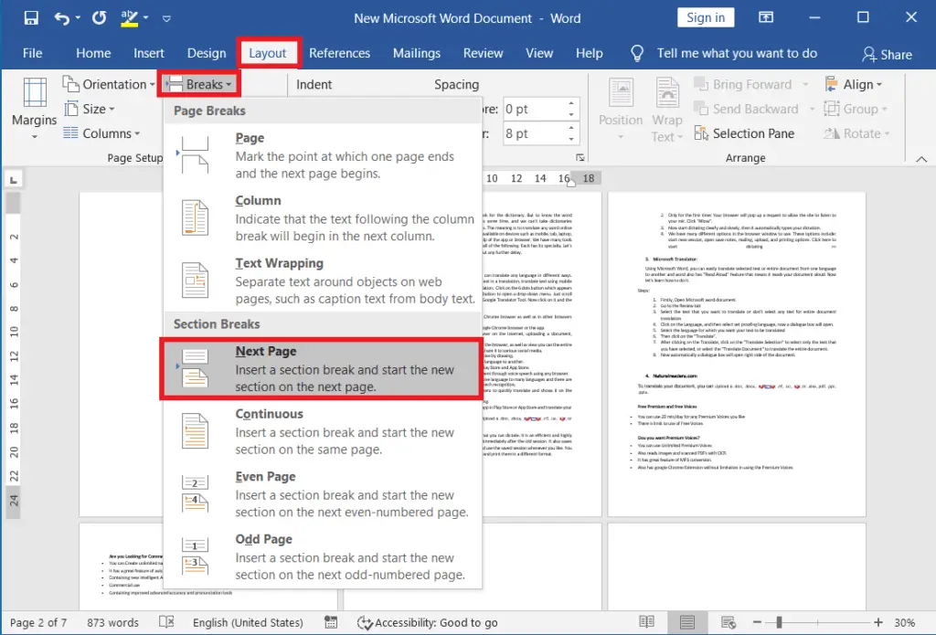 Accommodate columns for different pages and sections in ms word