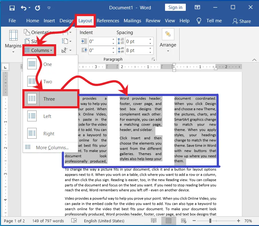 Accommodate different columns for different pages in ms word
