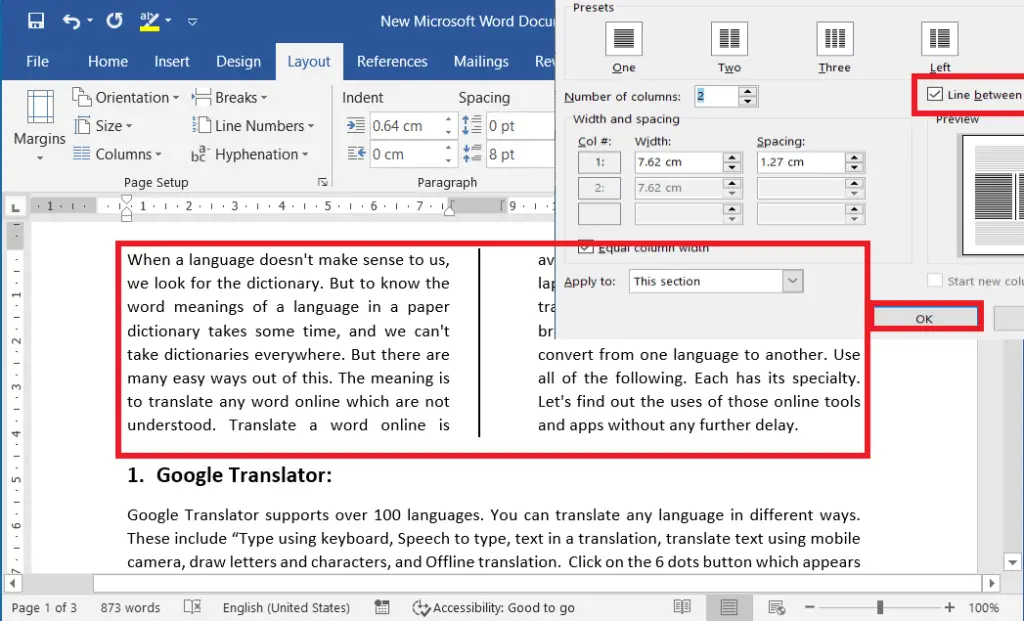 Apply or insert liners between the columns in word