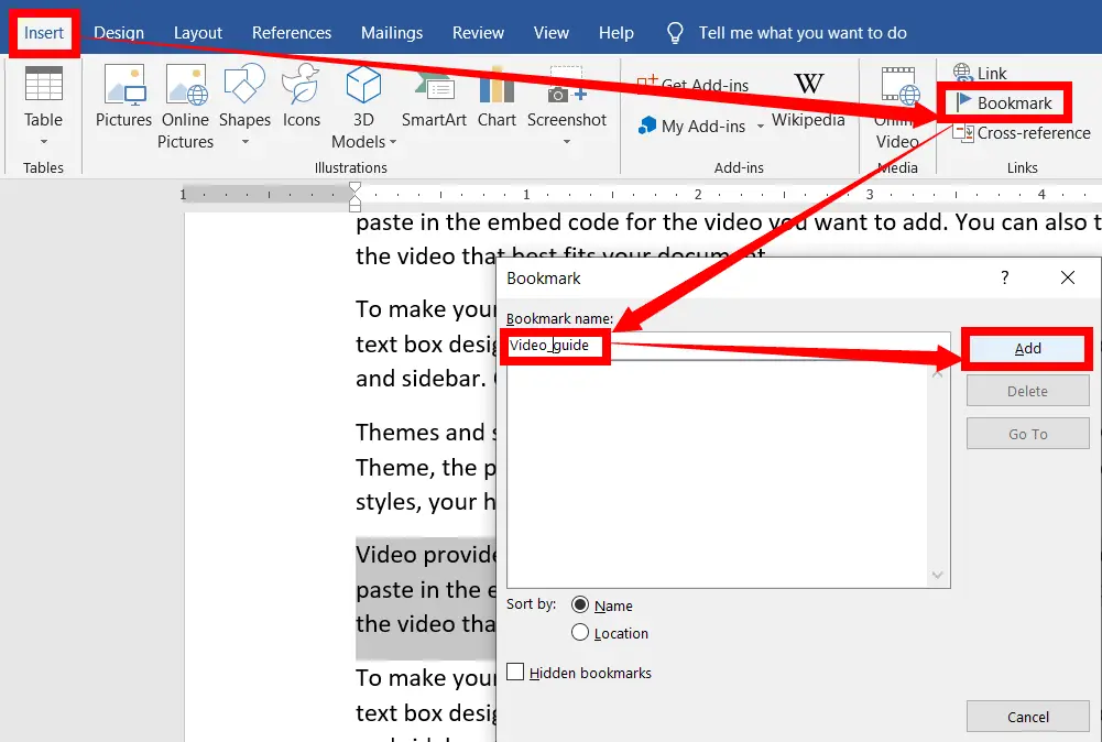 How to bookmark the document location in ms word