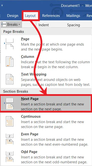 Next Page section Breaks