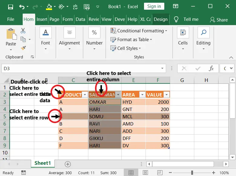 Data, row and column selection in excel