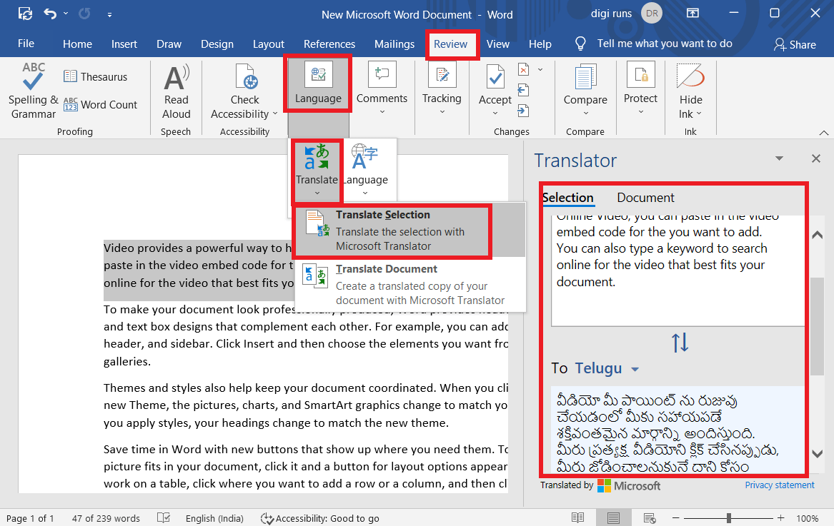 Translate Language using Microsoft Word