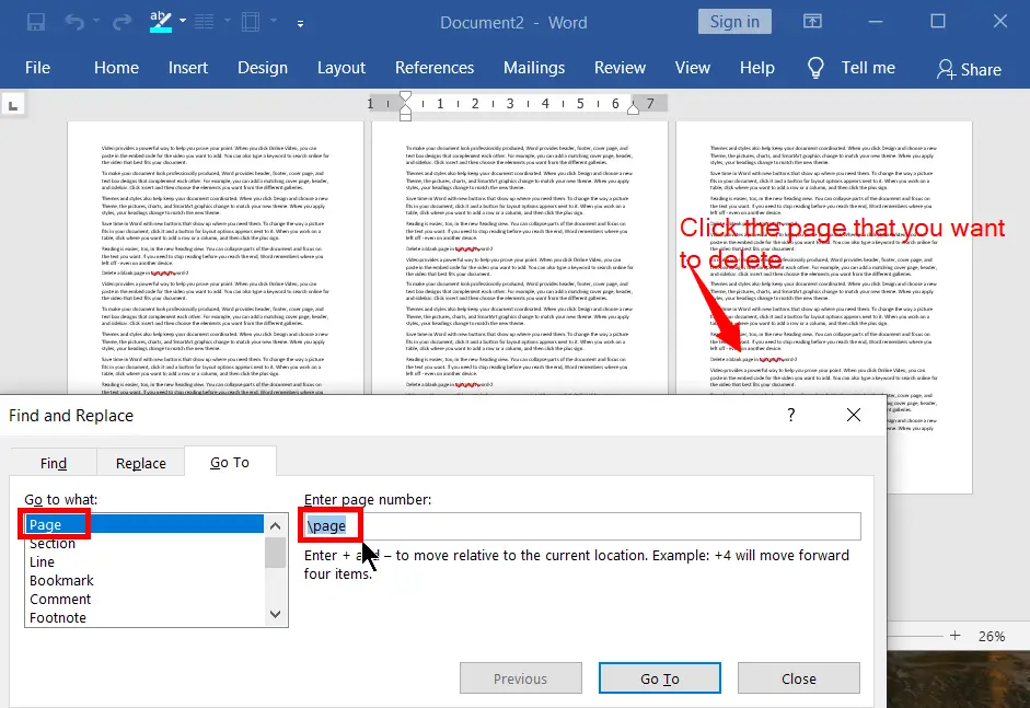 Remove any page you want in a word document
