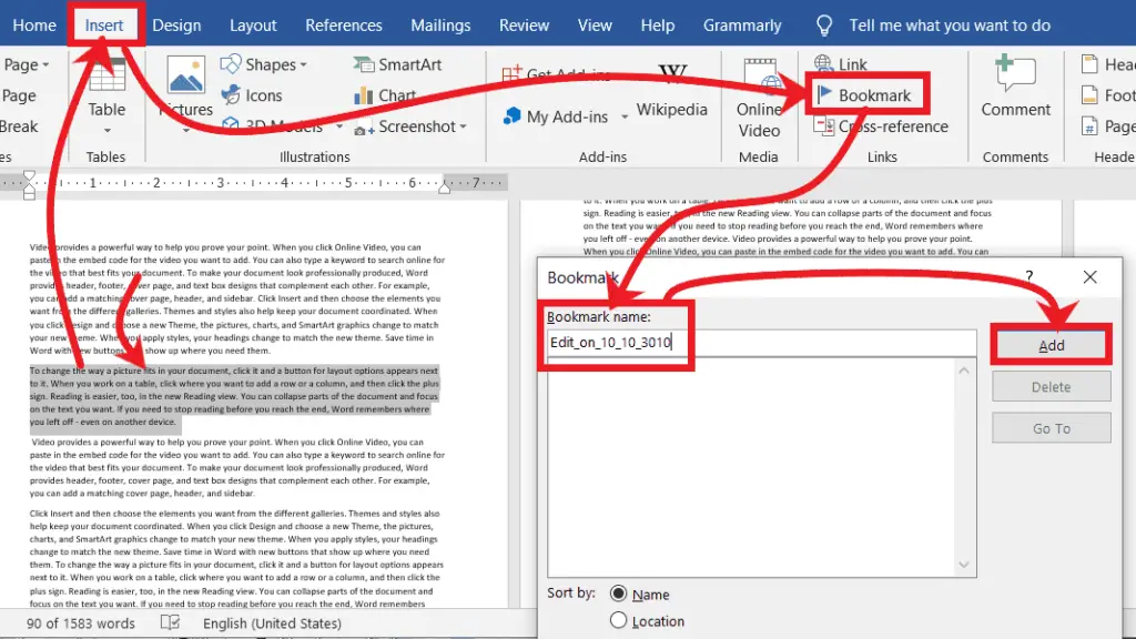 Bookmark Text - Go To in Microsoft Word