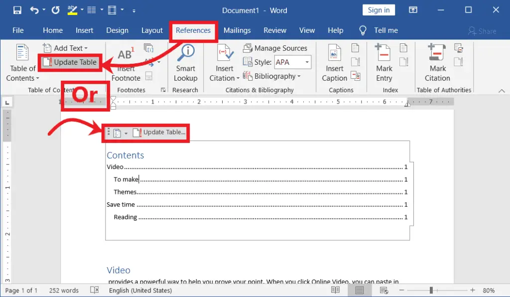 Updating Table of Contents in Word