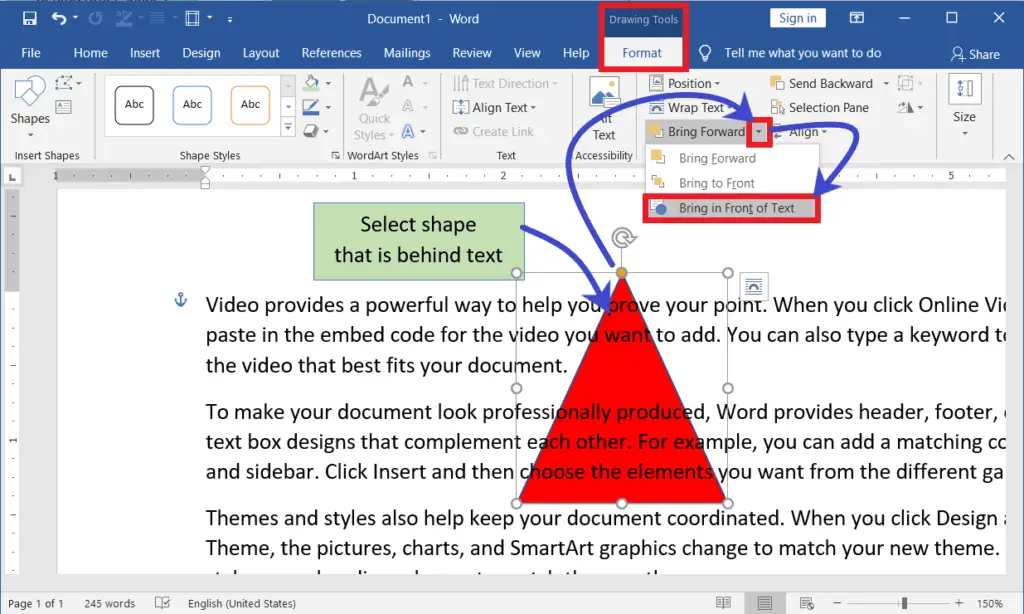Bring object in front of text in word