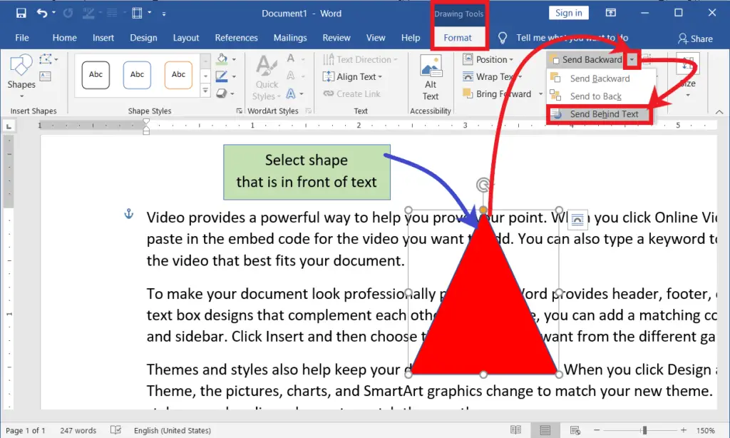 Send an object behind text in Word Document