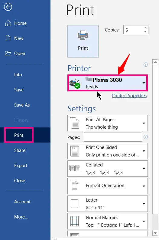 Select the Printer to Print a Word Document