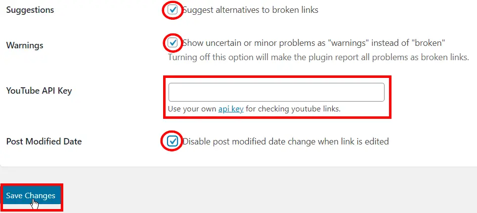 Settings for find and fix broken links
