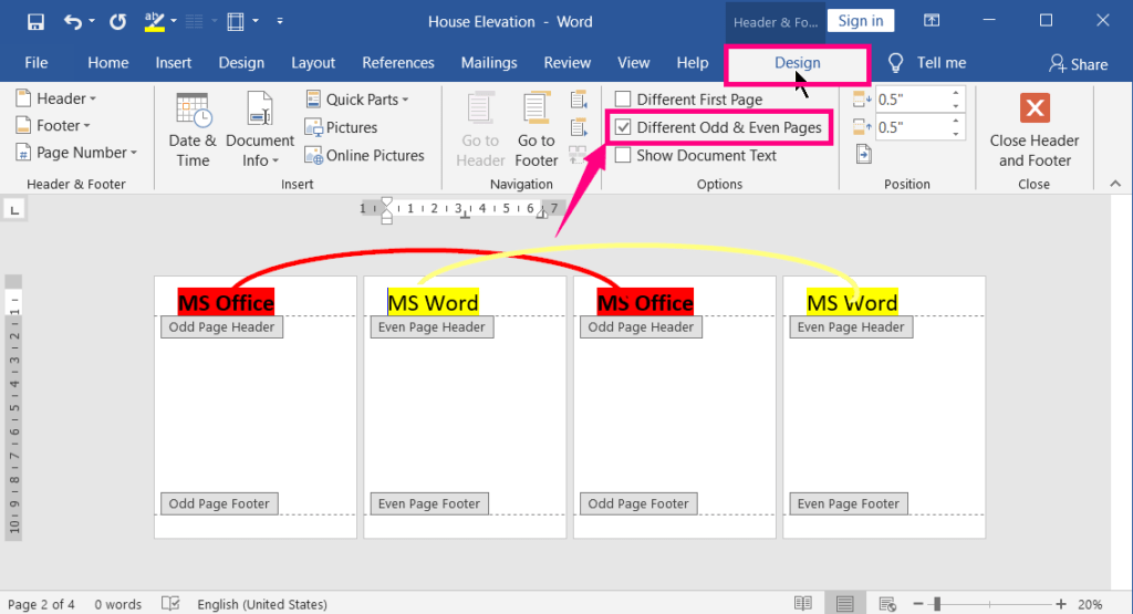 Different Odd and Even Pages for Header and Footer in Word 1