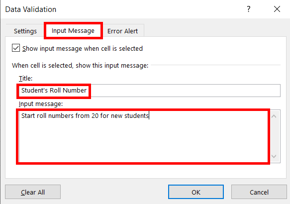 Apply Input Message to Data Validation