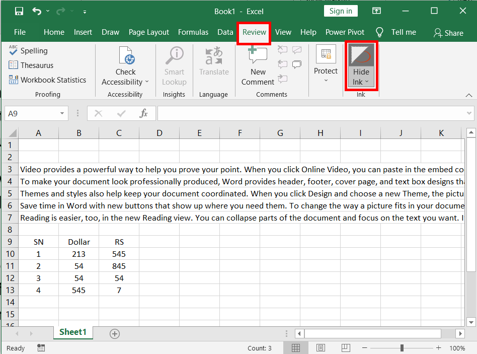 Show or Hide Ink in Excel Word and Ppt