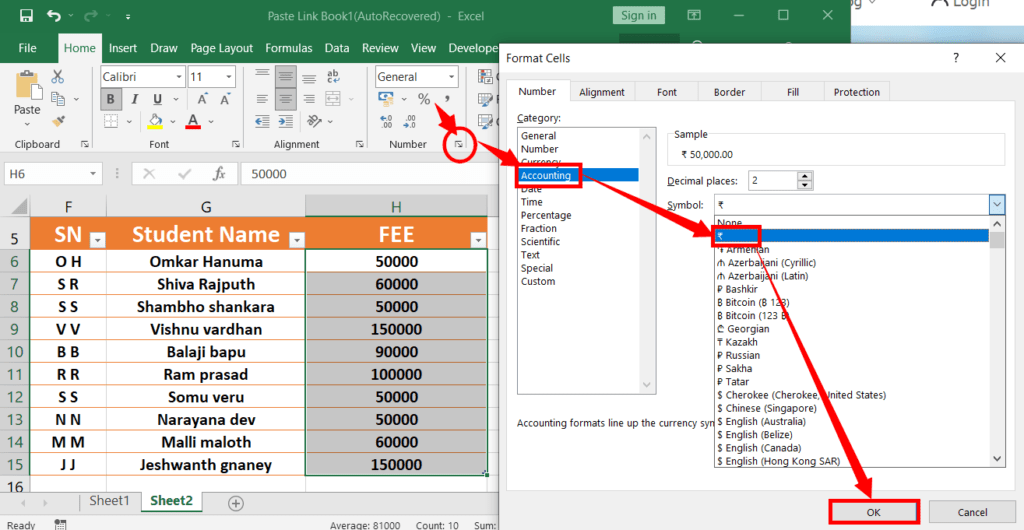 Apply accounting number format in Excel