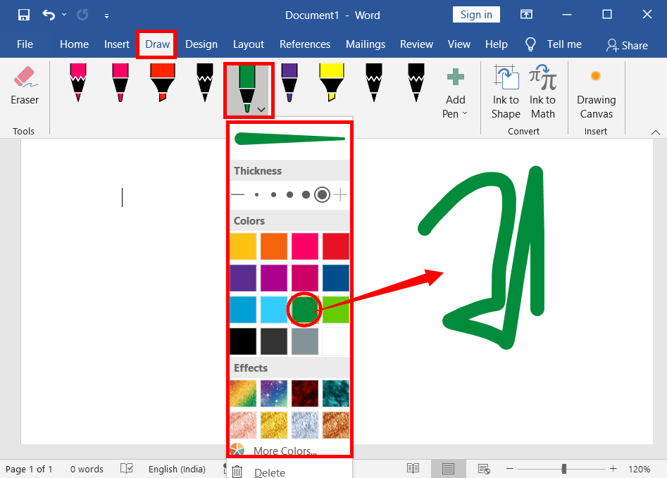 Drawing Inks in Draw Tab in MS Word