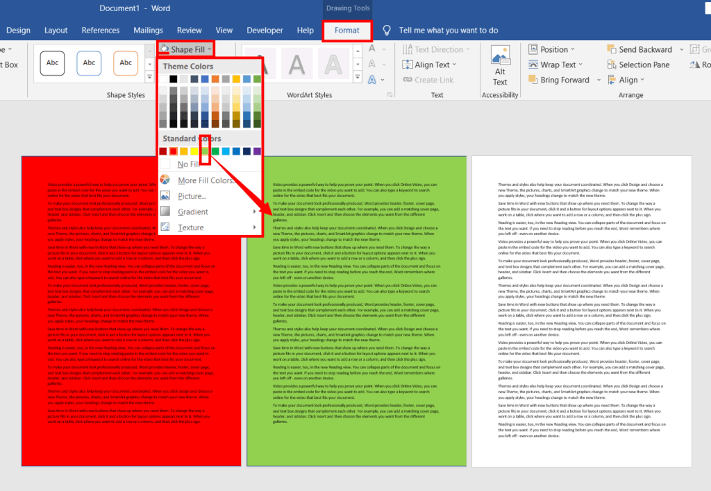 Duplicate the shape and set background color for different pages in word